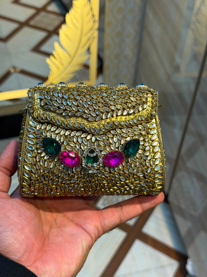 Handmade Luxury Kundan Stone Work Clutch | Wedding & Party Collection | Medium Size | Design 18