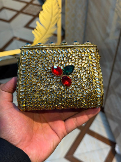 Handmade Luxury Kundan Stone Work Clutch | Wedding & Party Collection | Medium Size | Design 18