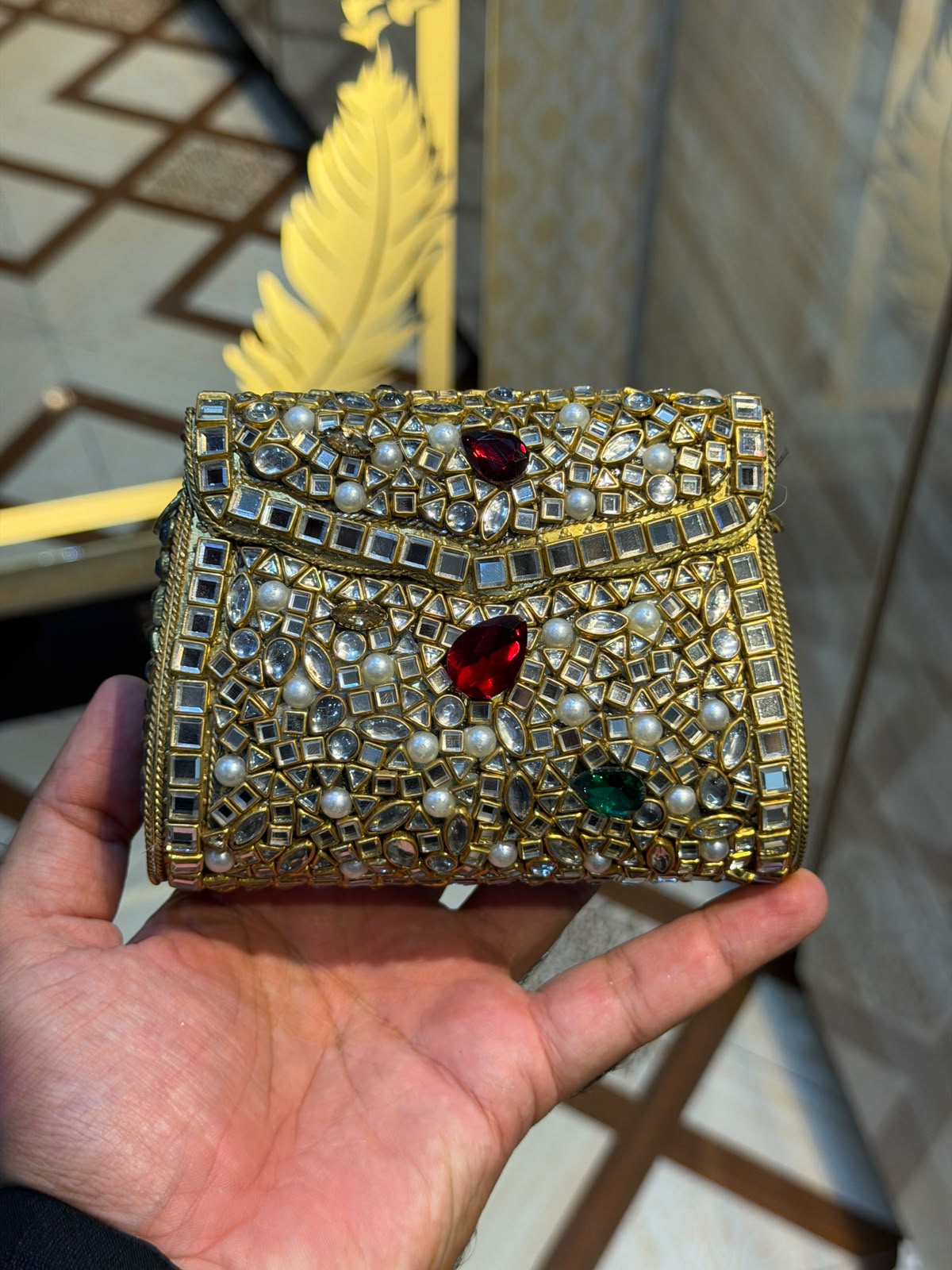 Handmade Luxury Kundan Stone Work Clutch | Wedding & Party Collection | Medium Size | Design 19