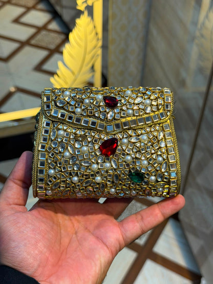 Handmade Luxury Kundan Stone Work Clutch | Wedding & Party Collection | Medium Size | Design 19
