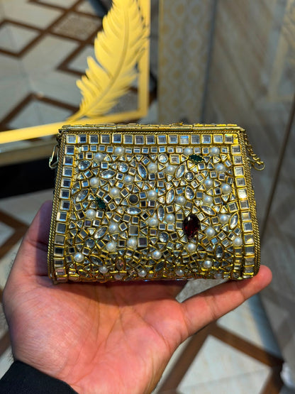 Handmade Luxury Kundan Stone Work Clutch | Wedding & Party Collection | Medium Size | Design 19