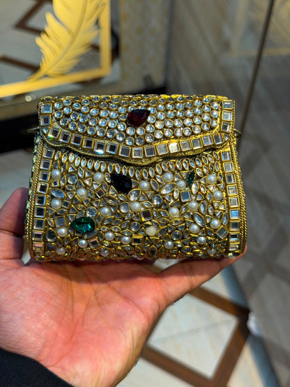 Handmade Luxury Kundan Stone Work Clutch | Wedding & Party Collection | Medium Size | Design 20
