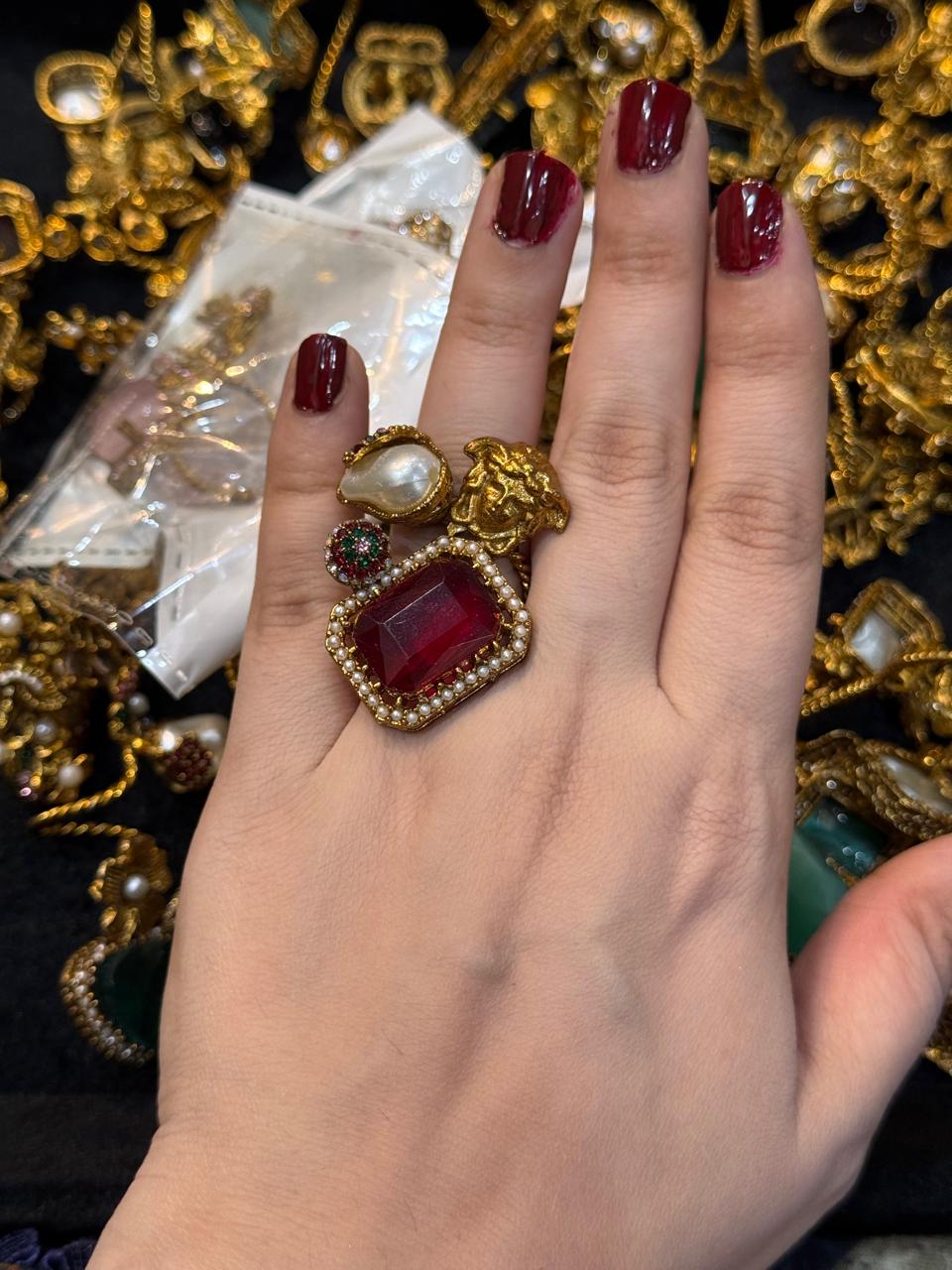 Turkish Ottoman Ring | Antique Gold Statement Ring with Semi-Precious Stone & Pearl Detail