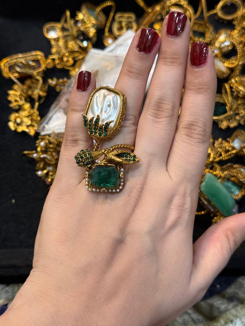 Turkish Ottoman Ring | Antique Gold Statement Ring with Semi-Precious Stone & Pearl Detail | New Arrival 2