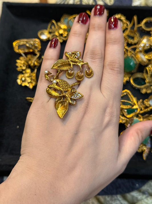 Turkish Ottoman Ring | Antique Gold Statement Ring with Semi-Precious Stone & Pearl Detail | New Arrival 3