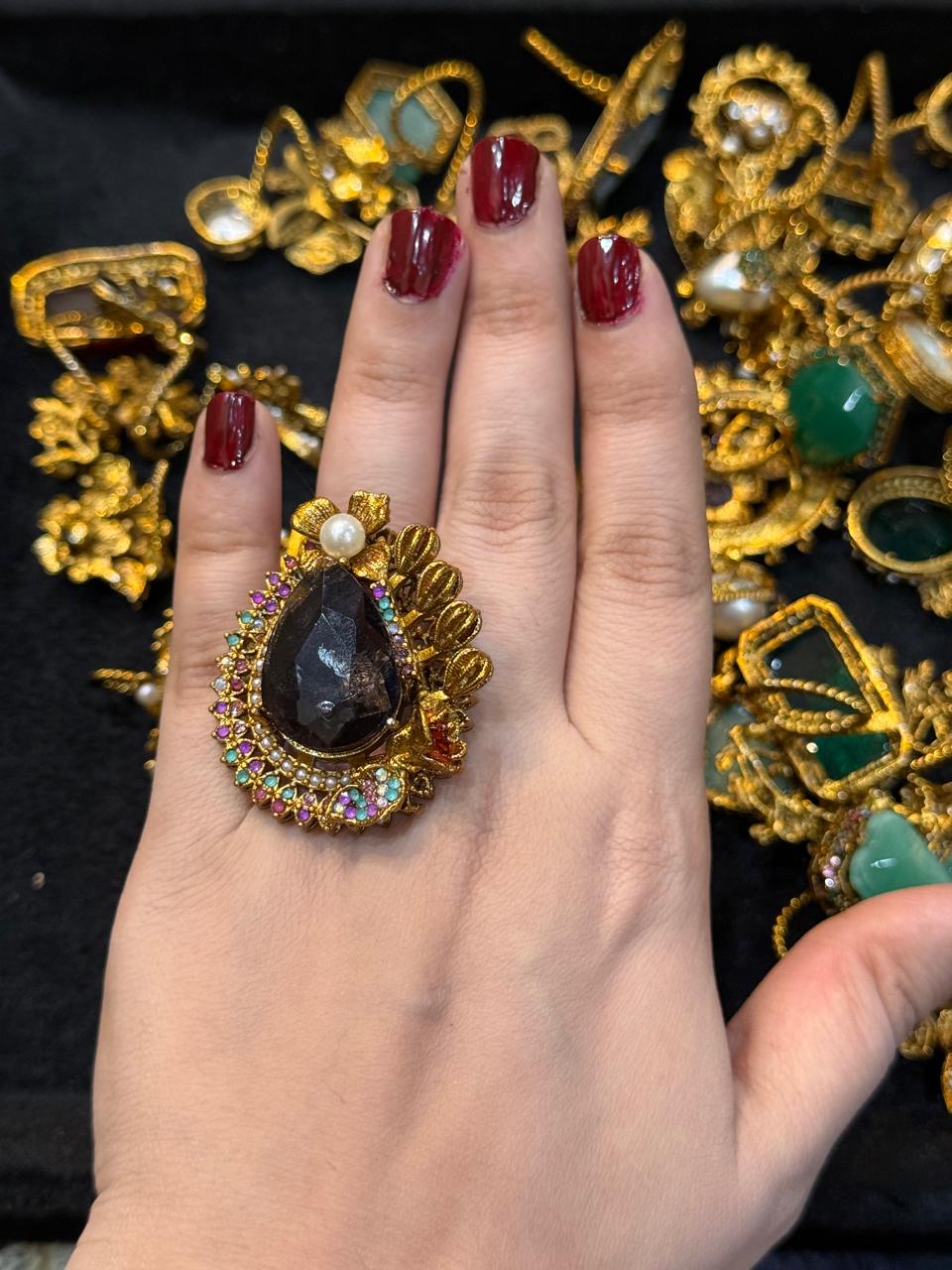 Turkish Ottoman Ring | Antique Gold Statement Ring with Semi-Precious Stone & Pearl Detail | New Arrival 4