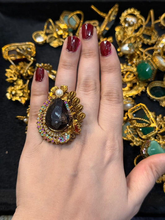 Turkish Ottoman Ring | Antique Gold Statement Ring with Semi-Precious Stone & Pearl Detail | New Arrival 4