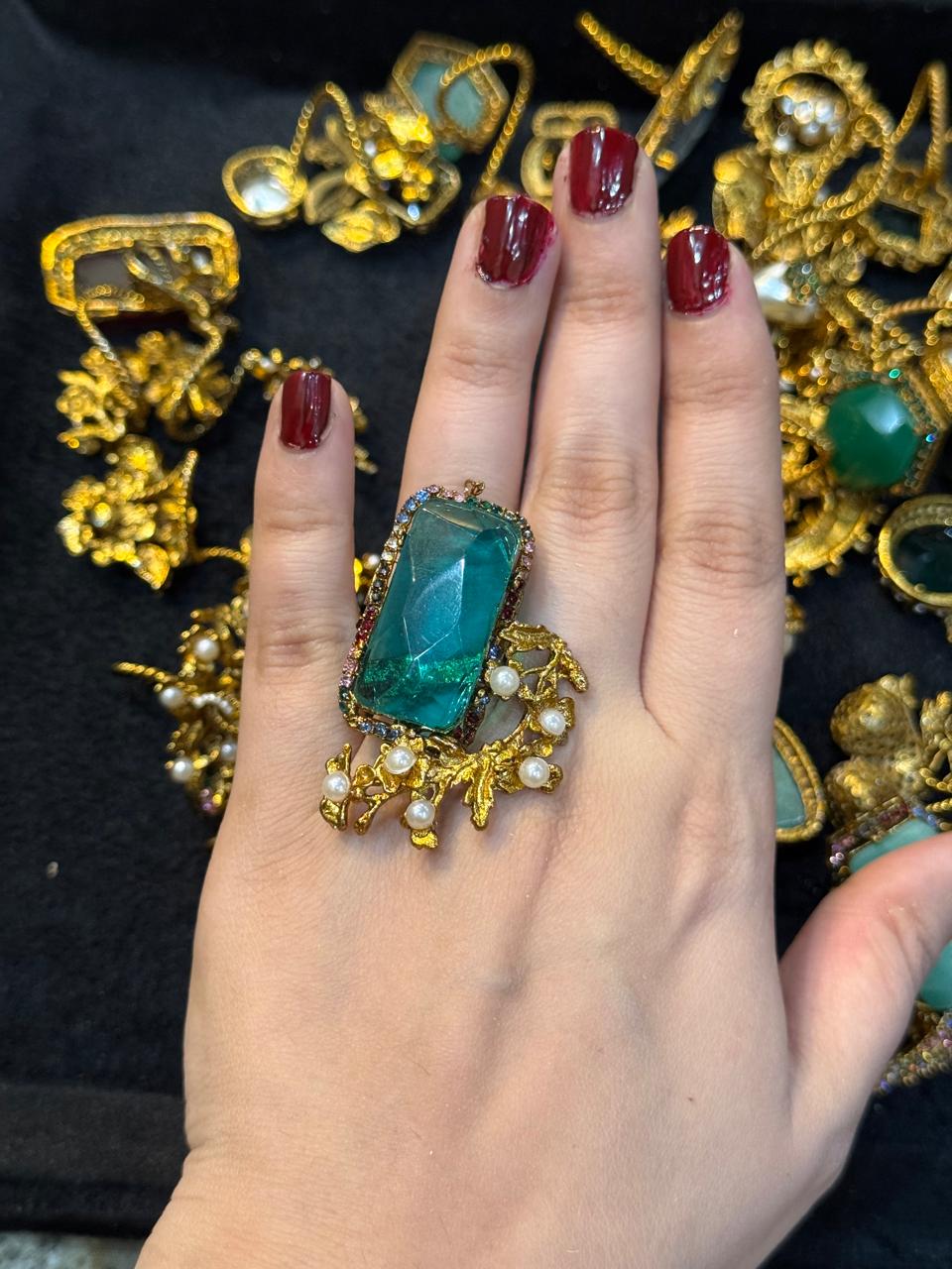 Turkish Ottoman Ring | Antique Gold Statement Ring with Semi-Precious Stone & Pearl Detail | New Arrival 5