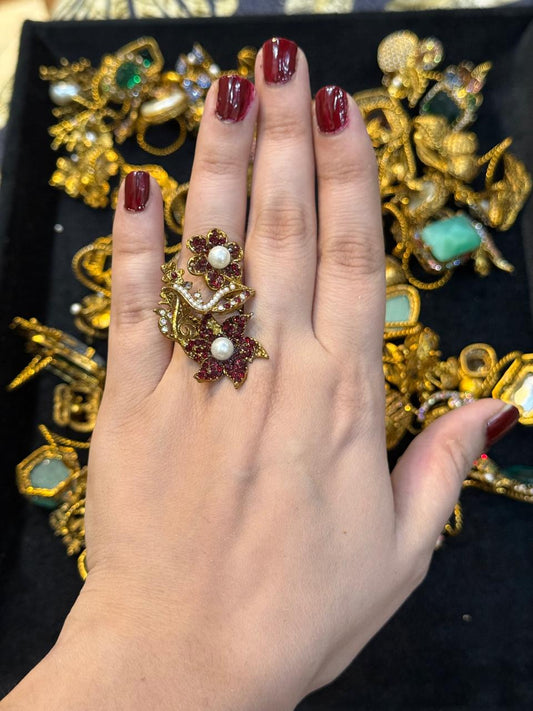 Turkish Ottoman Ring | Antique Gold Statement Ring with Semi-Precious Stone & Pearl Detail | New Arrival 7