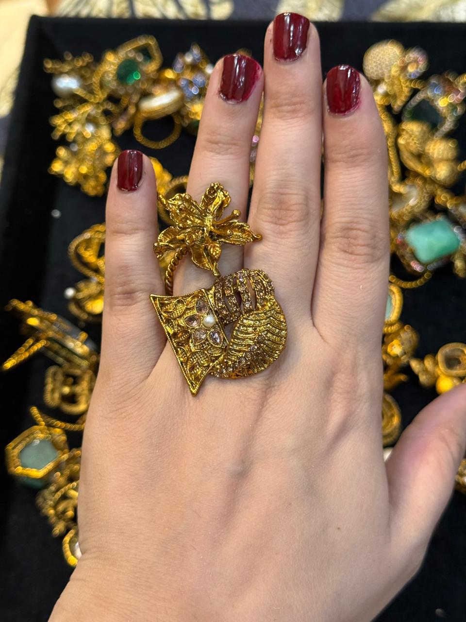Turkish Ottoman Ring | Antique Gold Statement Ring with Semi-Precious Stone & Pearl Detail | New Arrival 8