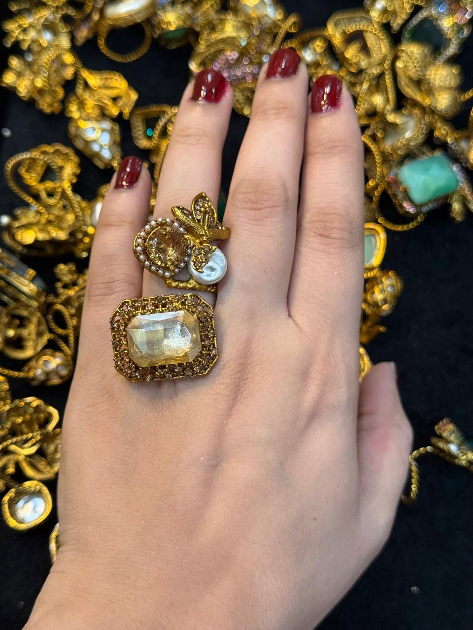 Turkish Ottoman Ring | Antique Gold Statement Ring with Semi-Precious Stone & Pearl Detail | New Arrival 9