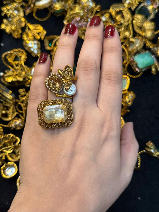 Turkish Ottoman Ring | Antique Gold Statement Ring with Semi-Precious Stone & Pearl Detail | New Arrival 9