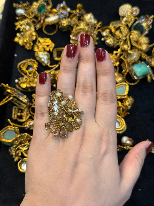 Turkish Ottoman Ring | Antique Gold Statement Ring with Semi-Precious Stone & Pearl Detail | New Arrival 11