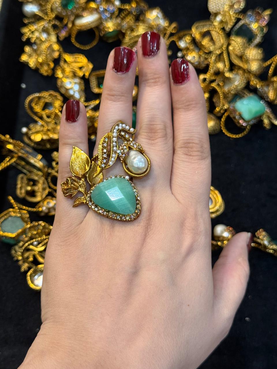 Turkish Ottoman Ring | Antique Gold Statement Ring with Semi-Precious Stone & Pearl Detail | New Arrival 12