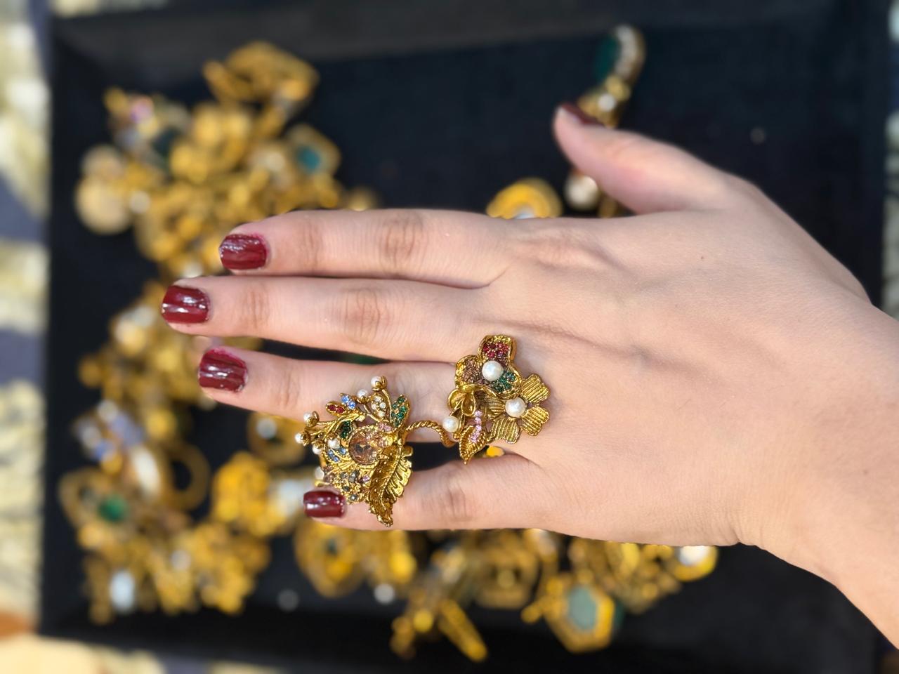 Turkish Ottoman Ring | Antique Gold Statement Ring with Semi-Precious Stone & Pearl Detail | New Arrival 14