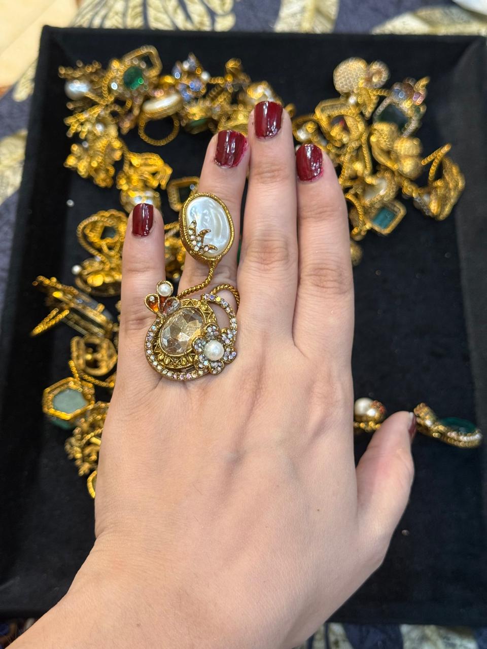 Turkish Ottoman Ring | Antique Gold Statement Ring with Semi-Precious Stone & Pearl Detail | New Arrival 15