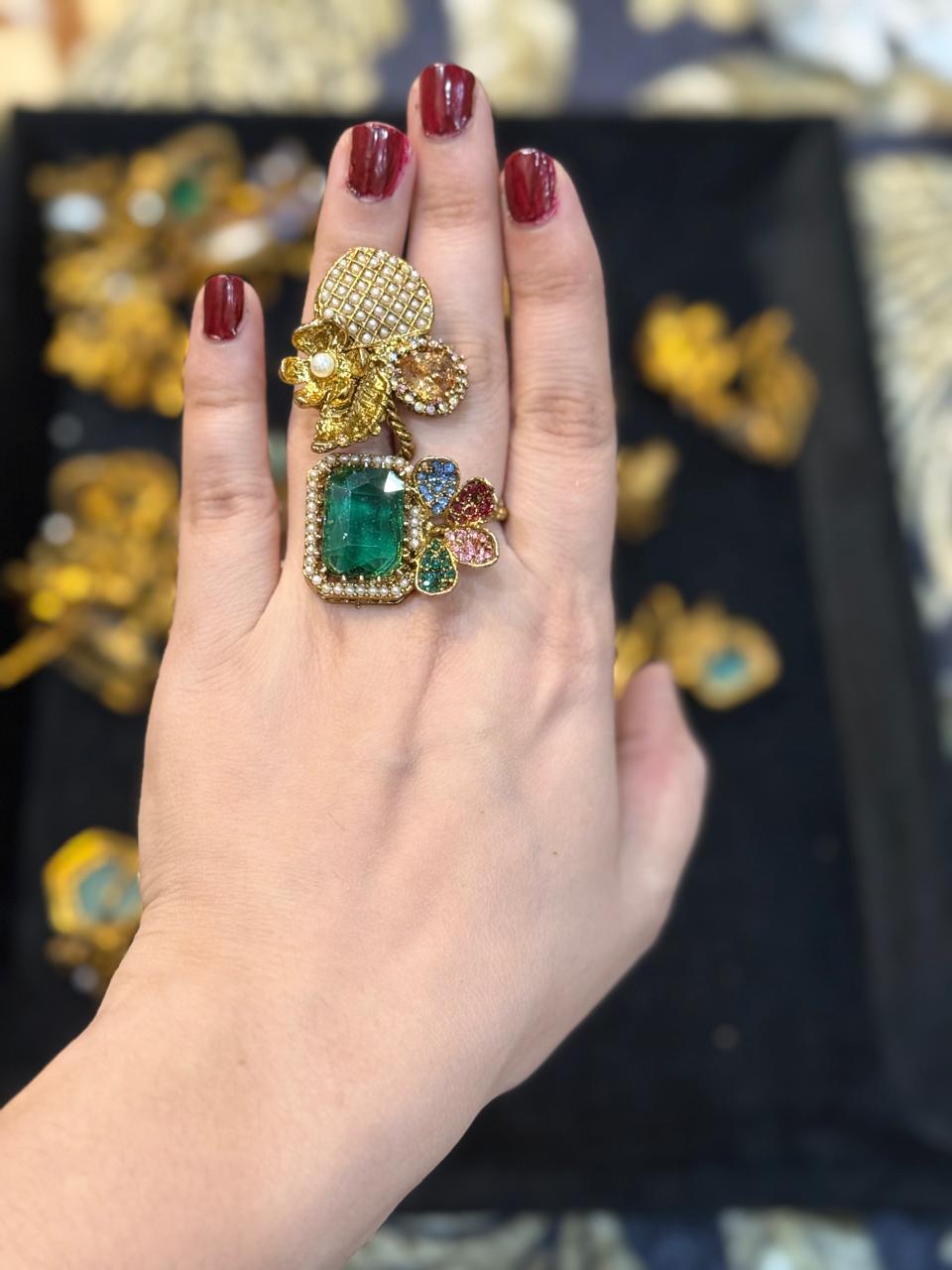 Turkish Ottoman Ring | Antique Gold Statement Ring with Semi-Precious Stone & Pearl Detail | New Arrival 16