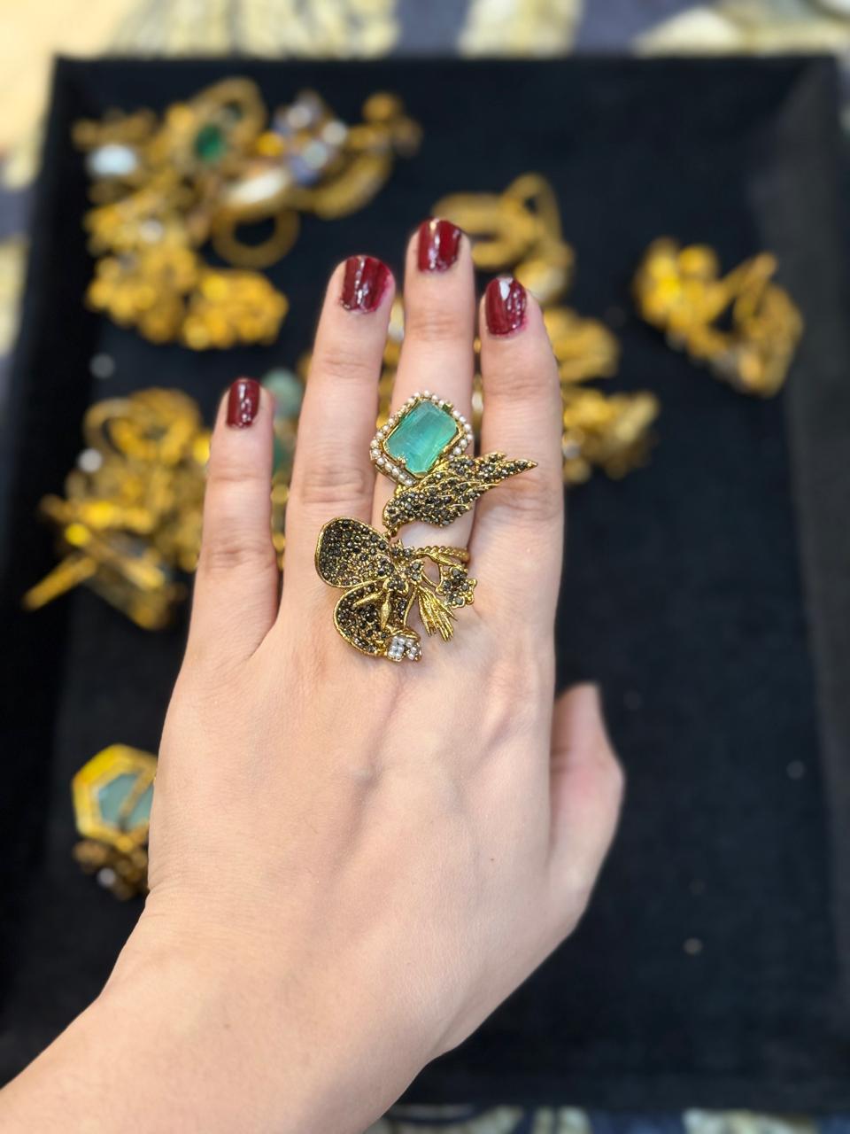 Turkish Ottoman Ring | Antique Gold Statement Ring with Semi-Precious Stone & Pearl Detail | New Arrival 17