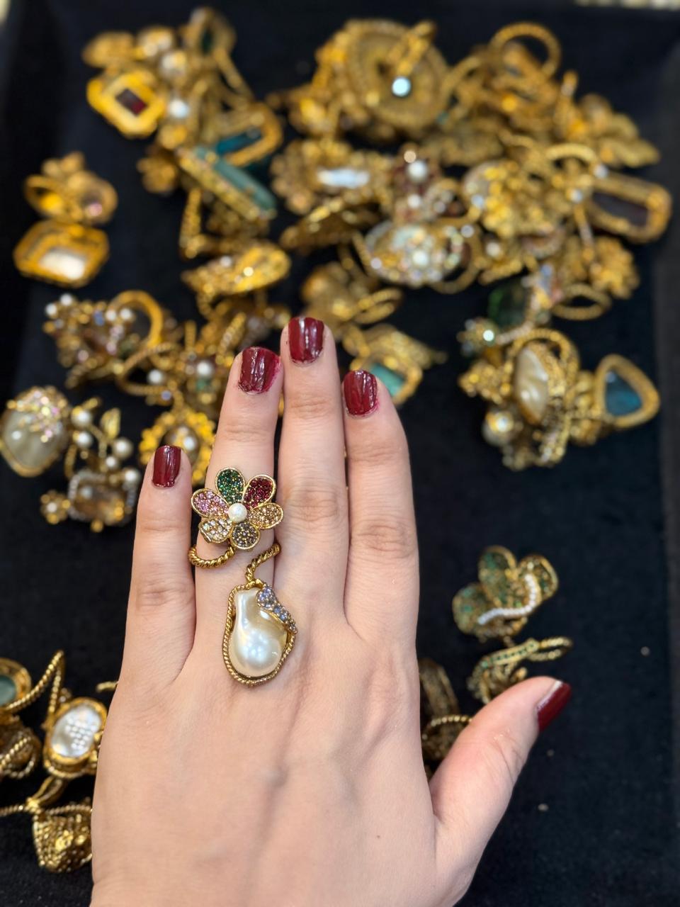 Turkish Ottoman Ring | Antique Gold Statement Ring with Semi-Precious Stone & Pearl Detail | New Arrival 23