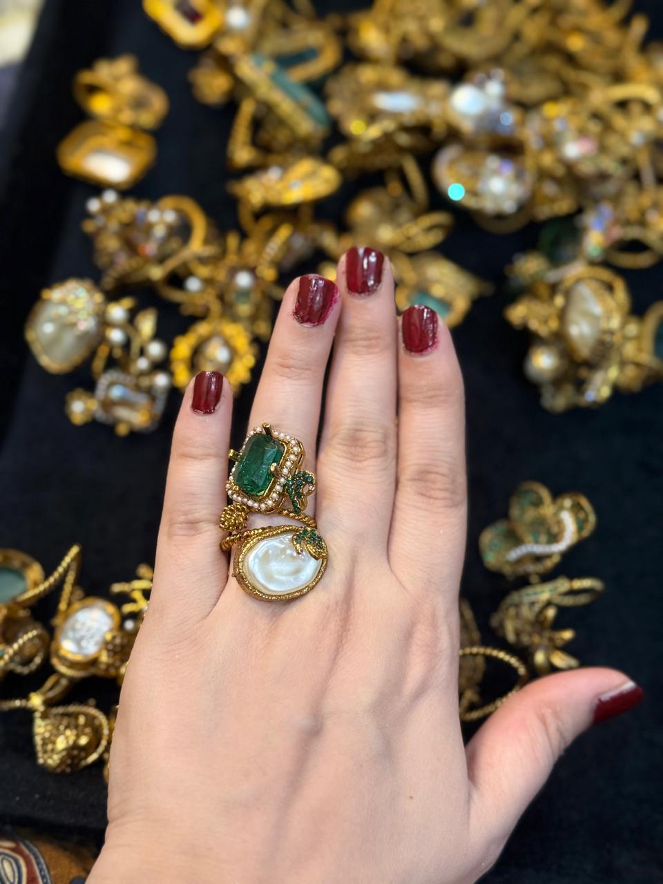 Turkish Ottoman Ring | Antique Gold Statement Ring with Semi-Precious Stone & Pearl Detail | New Arrival 24