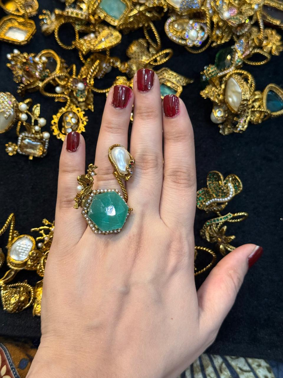 Turkish Ottoman Ring | Antique Gold Statement Ring with Semi-Precious Stone & Pearl Detail | New Arrival 25