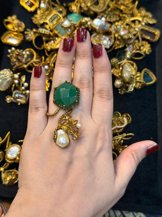 Turkish Ottoman Ring | Antique Gold Statement Ring with Semi-Precious Stone & Pearl Detail | New Arrival 26