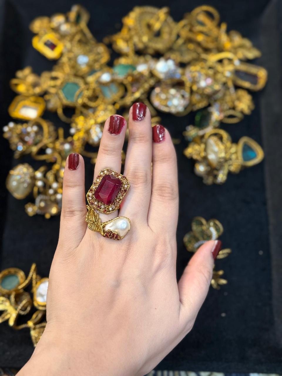Turkish Ottoman Ring | Antique Gold Statement Ring with Semi-Precious Stone & Pearl Detail | New Arrival 28