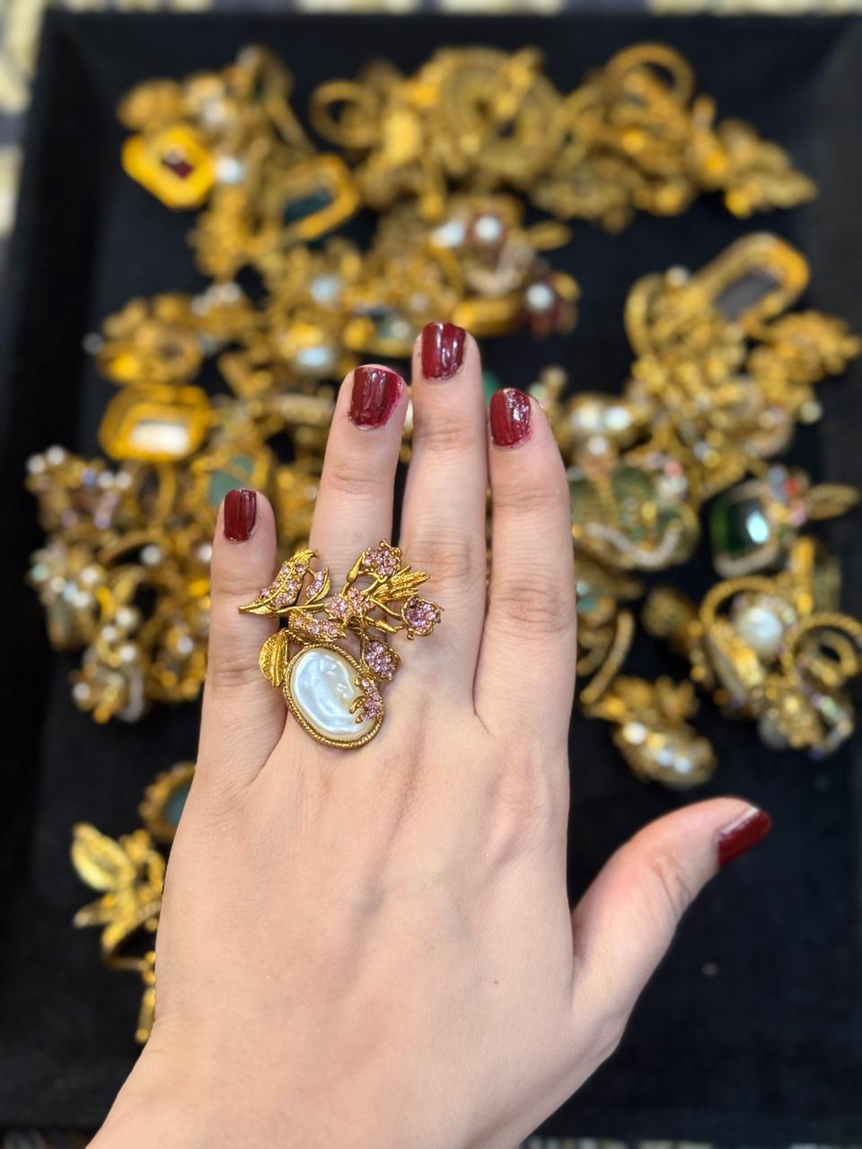 Turkish Ottoman Ring | Antique Gold Statement Ring with Semi-Precious Stone & Pearl Detail | New Arrival 31