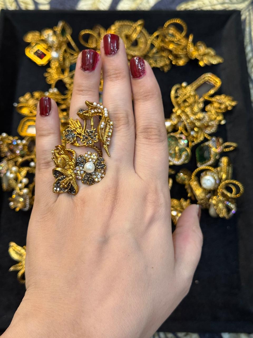 Turkish Ottoman Ring | Antique Gold Statement Ring with Semi-Precious Stone & Pearl Detail | New Arrival 32