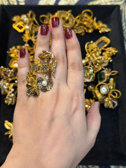 Turkish Ottoman Ring | Antique Gold Statement Ring with Semi-Precious Stone & Pearl Detail | New Arrival 32