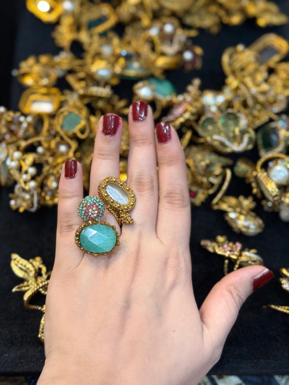 Turkish Ottoman Ring | Antique Gold Statement Ring with Semi-Precious Stone & Pearl Detail | New Arrival 34