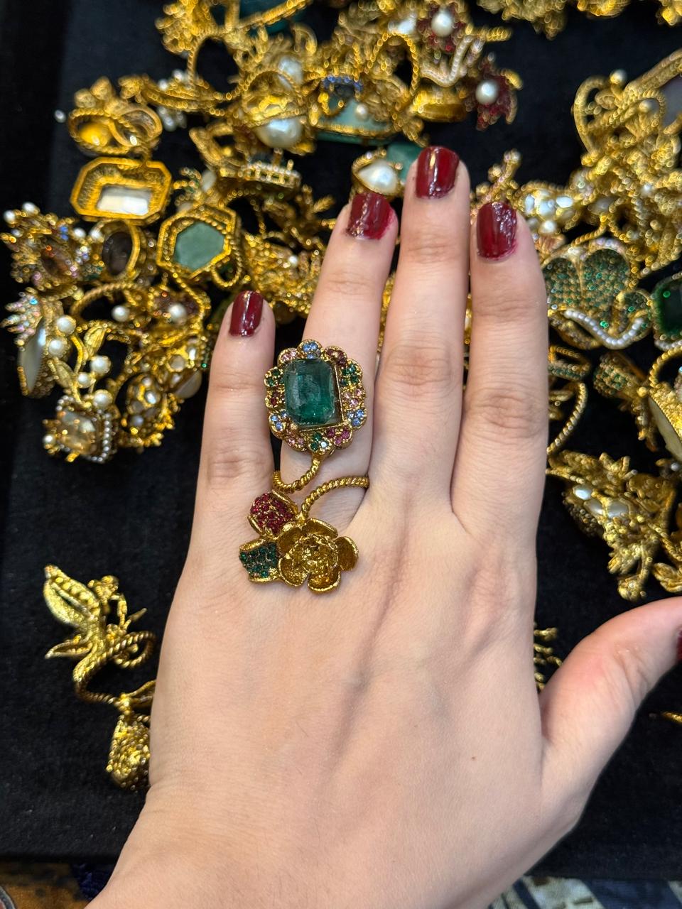 Turkish Ottoman Ring | Antique Gold Statement Ring with Semi-Precious Stone & Pearl Detail | New Arrival 35