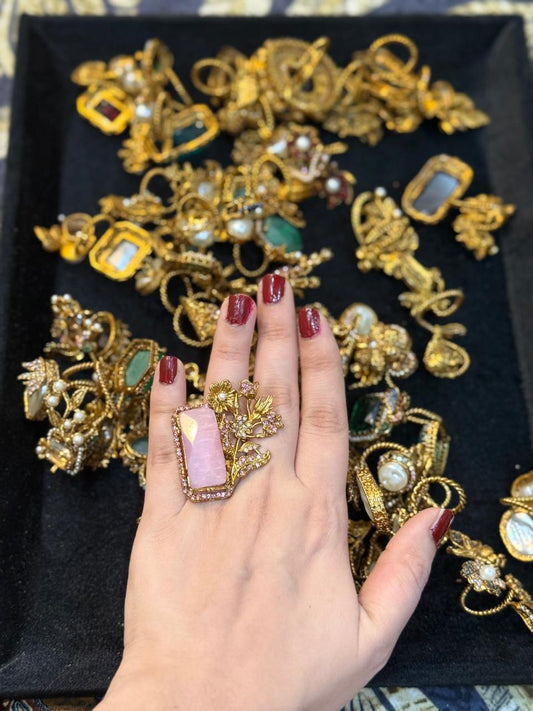 Turkish Ottoman Ring | Antique Gold Statement Ring with Semi-Precious Stone & Pearl Detail | New Arrival 37