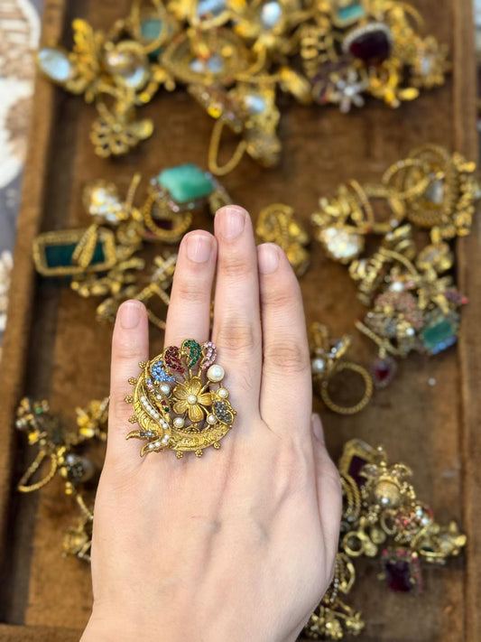 Turkish Ottoman Ring | Antique Gold Statement Ring with Semi-Precious Stone & Pearl Detail | New Arrival 1