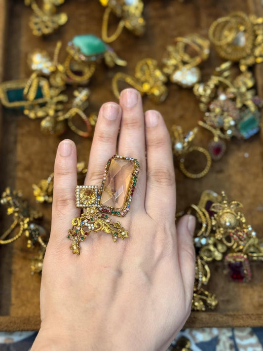 Turkish Ottoman Ring | Antique Gold Statement Ring with Semi-Precious Stone & Pearl Detail | New Arrival 3