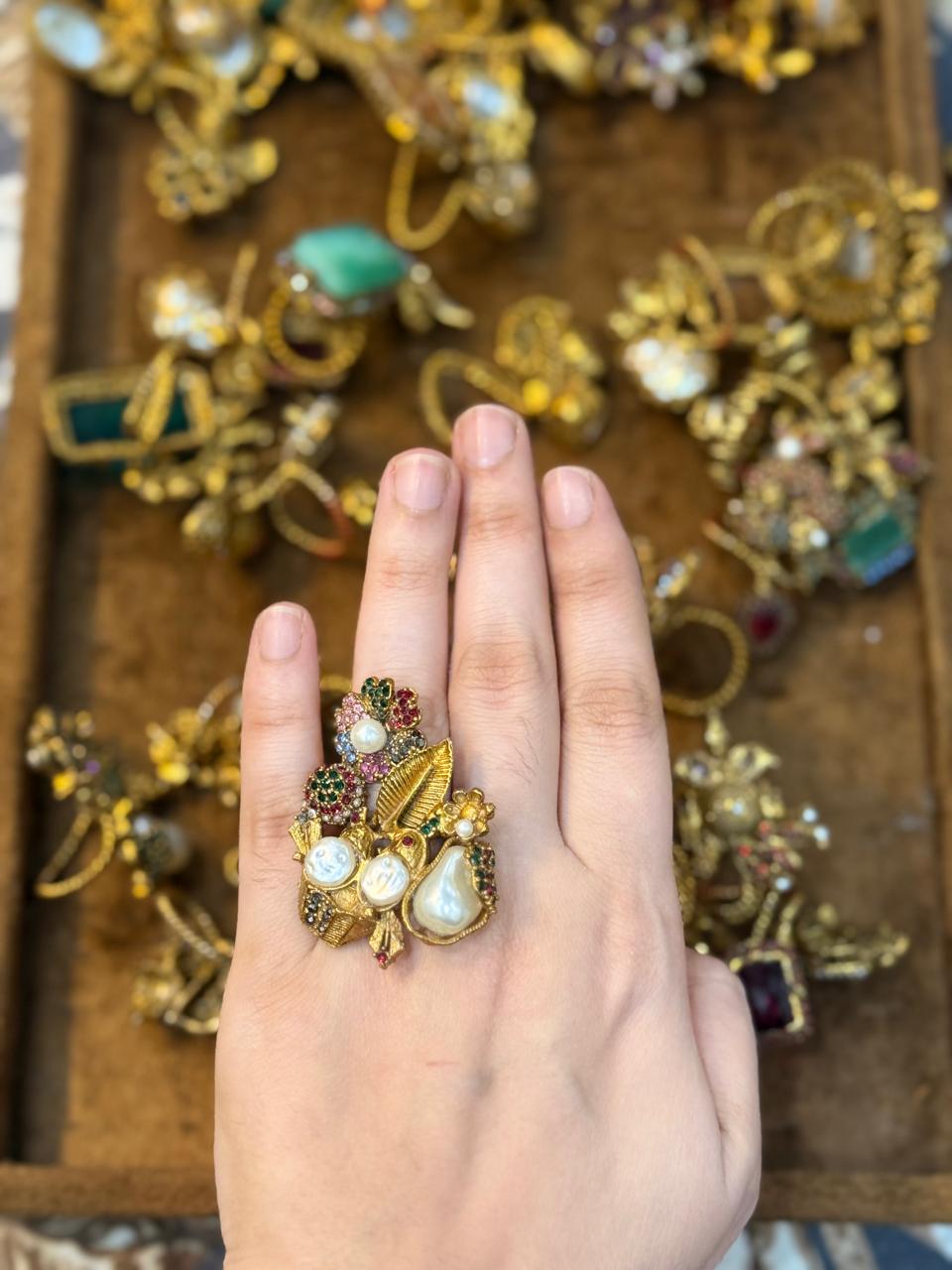 Turkish Ottoman Ring | Antique Gold Statement Ring with Semi-Precious Stone & Pearl Detail | New Arrival 6