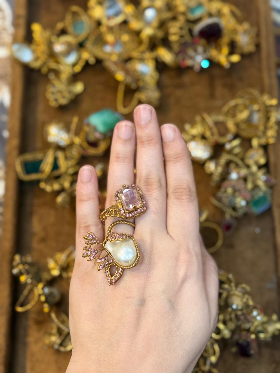 Turkish Ottoman Ring | Antique Gold Statement Ring with Semi-Precious Stone & Pearl Detail | New Arrival 8