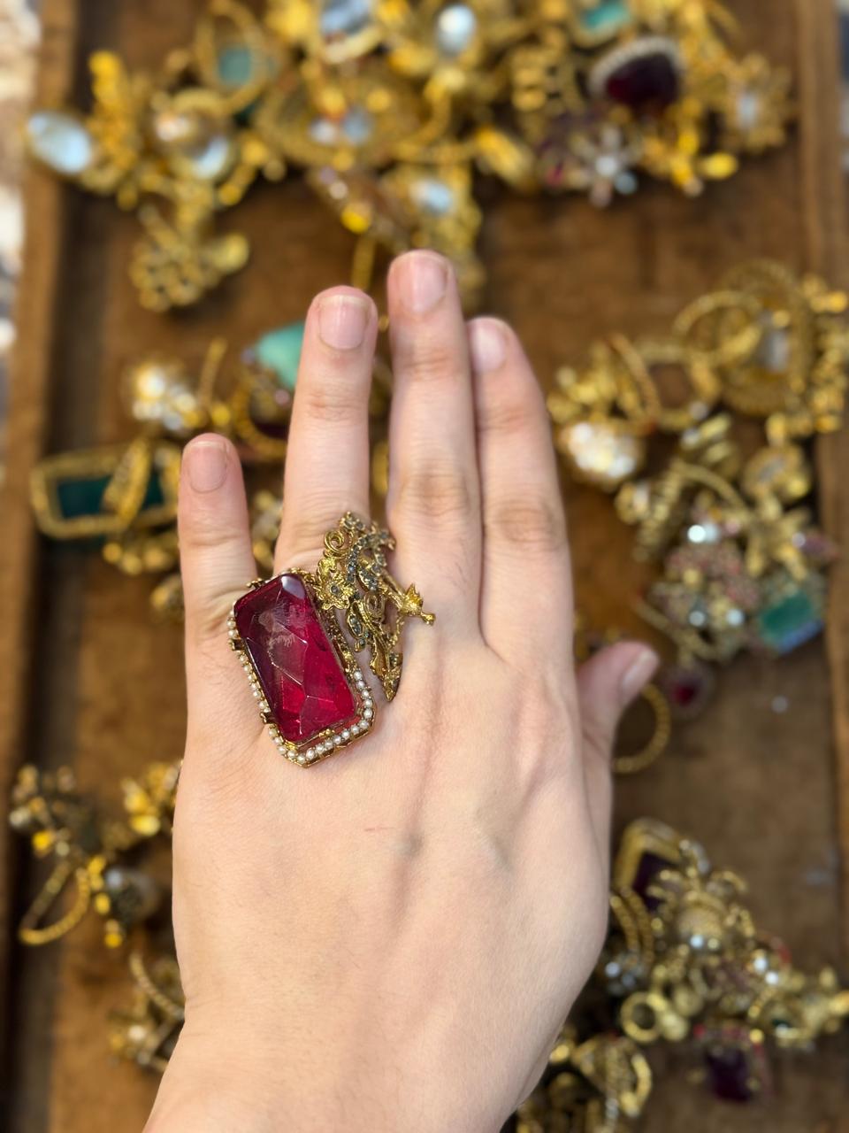 Turkish Ottoman Ring | Antique Gold Statement Ring with Semi-Precious Stone & Pearl Detail | New Arrival 9
