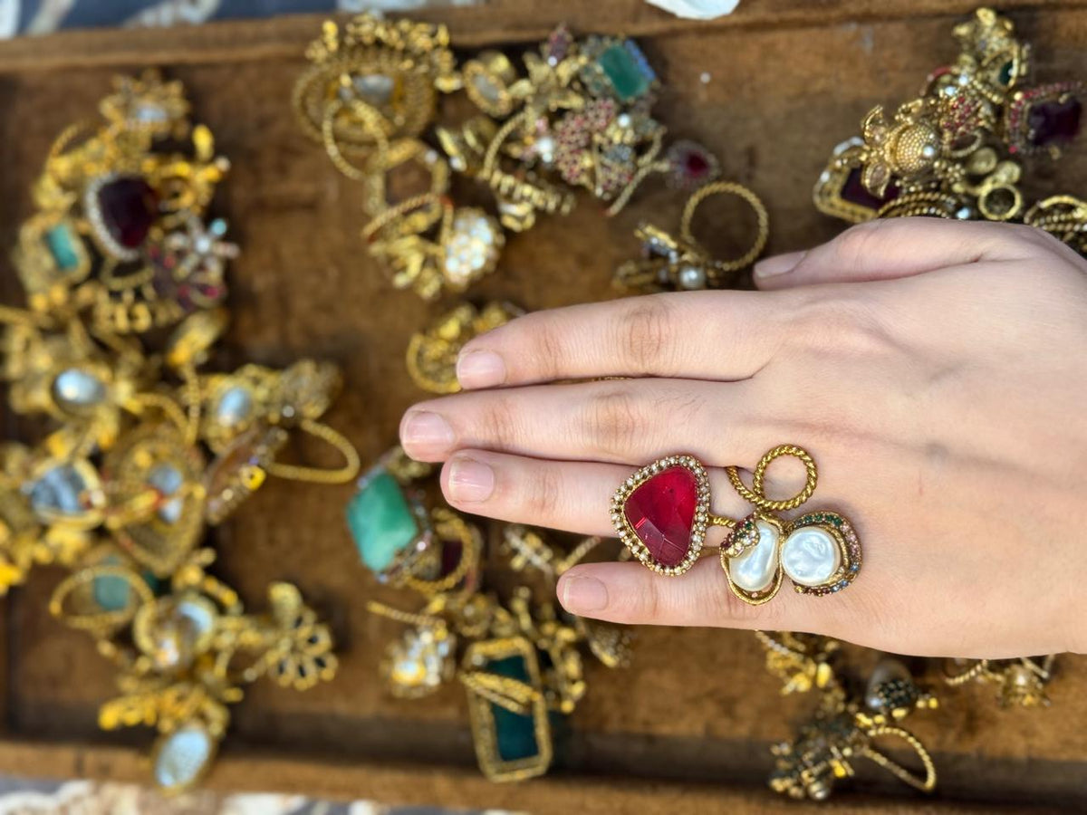 Turkish Ottoman Ring | Antique Gold Statement Ring with Semi-Precious Stone & Pearl Detail | New Arrival 10