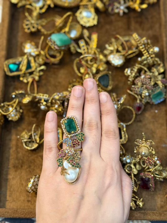 Turkish Ottoman Ring | Antique Gold Statement Ring with Semi-Precious Stone & Pearl Detail | New Arrival 14