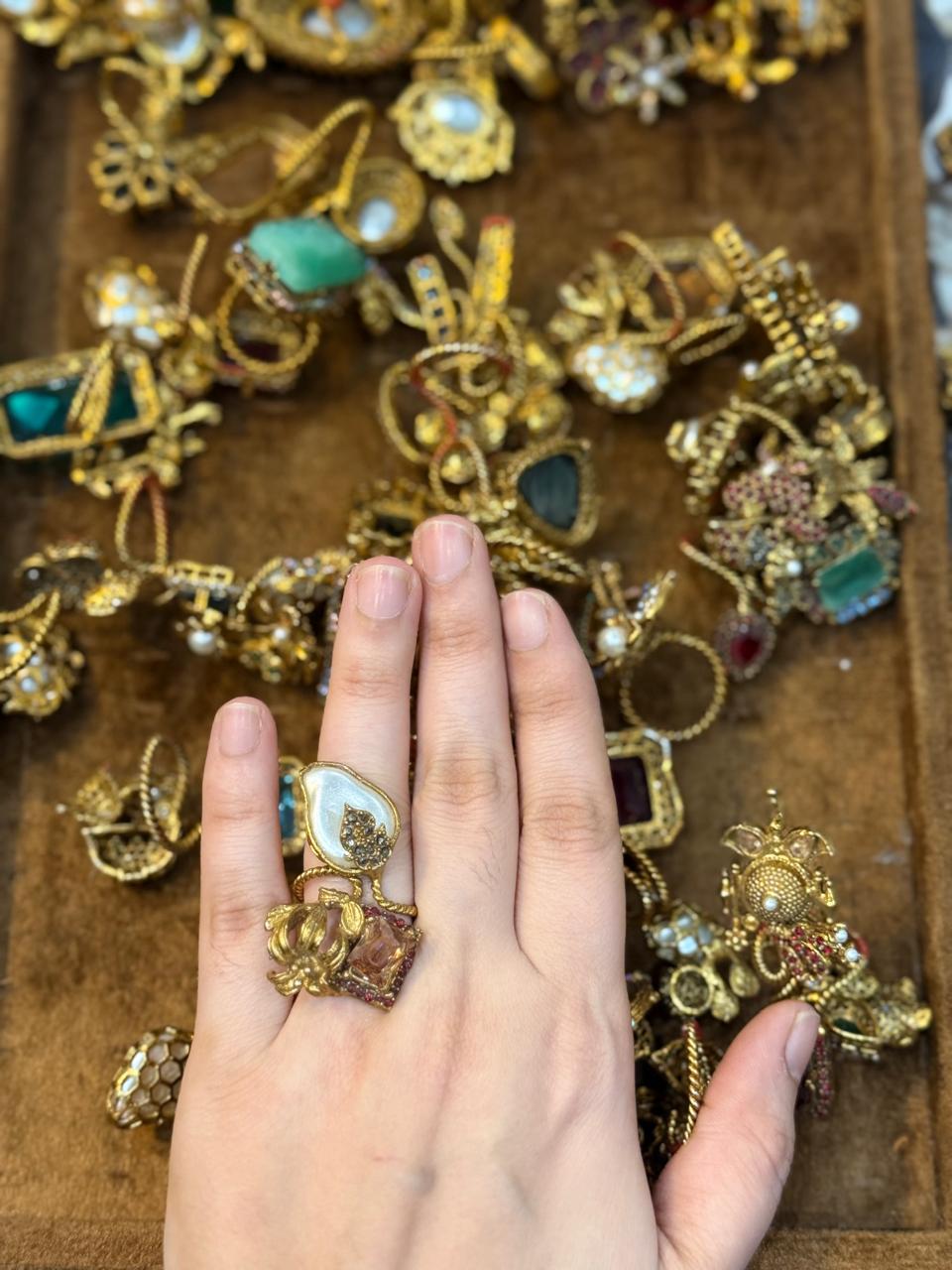 Turkish Ottoman Ring | Antique Gold Statement Ring with Semi-Precious Stone & Pearl Detail | New Arrival 15