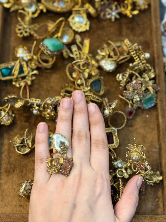 Turkish Ottoman Ring | Antique Gold Statement Ring with Semi-Precious Stone & Pearl Detail | New Arrival 15