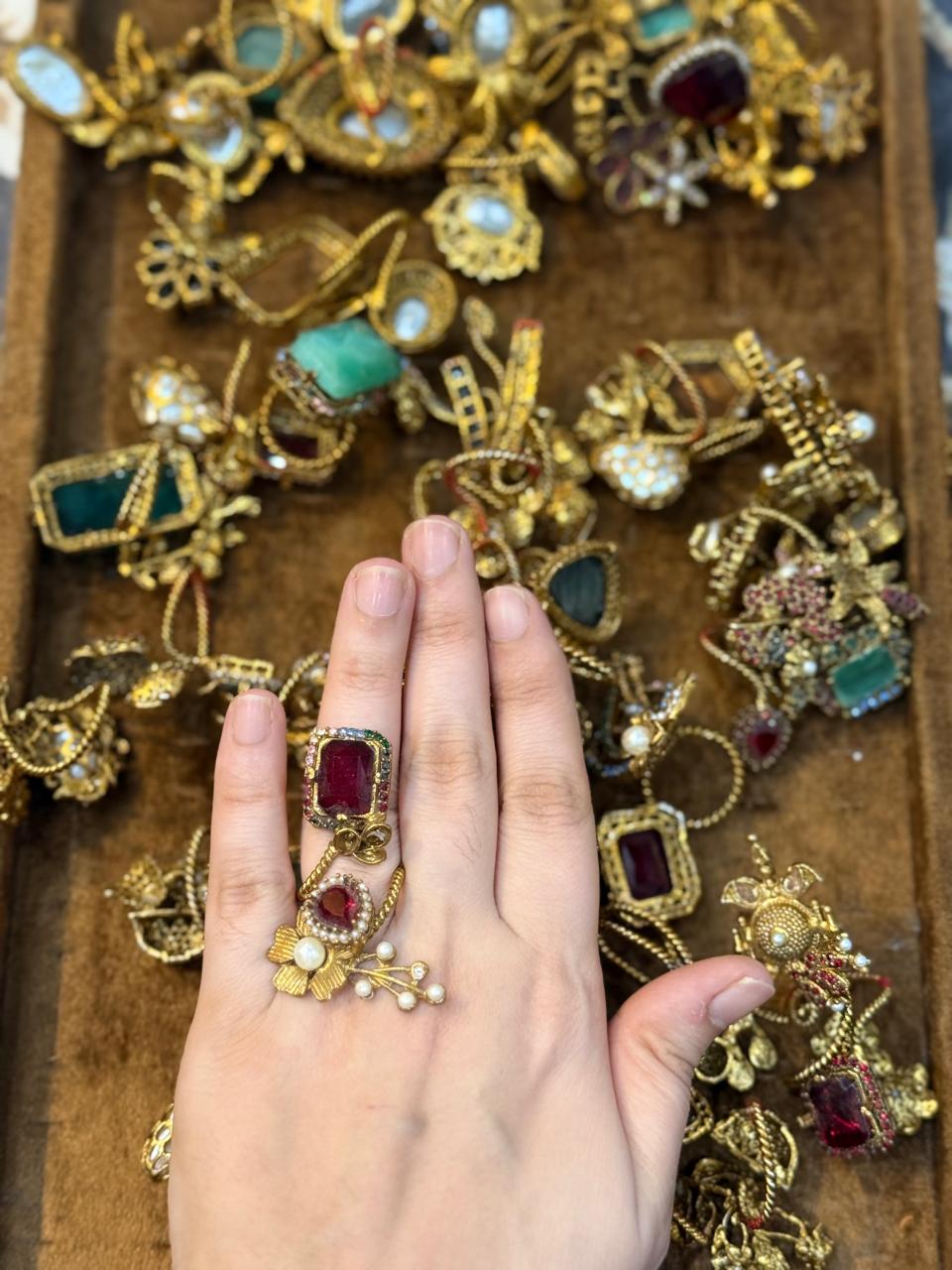 Turkish Ottoman Ring | Antique Gold Statement Ring with Semi-Precious Stone & Pearl Detail | New Arrival 17