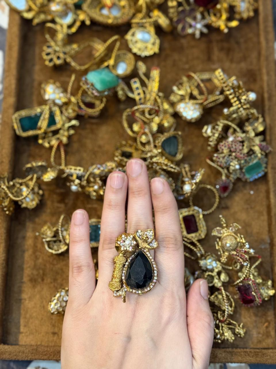 Turkish Ottoman Ring | Antique Gold Statement Ring with Semi-Precious Stone & Pearl Detail | New Arrival 18