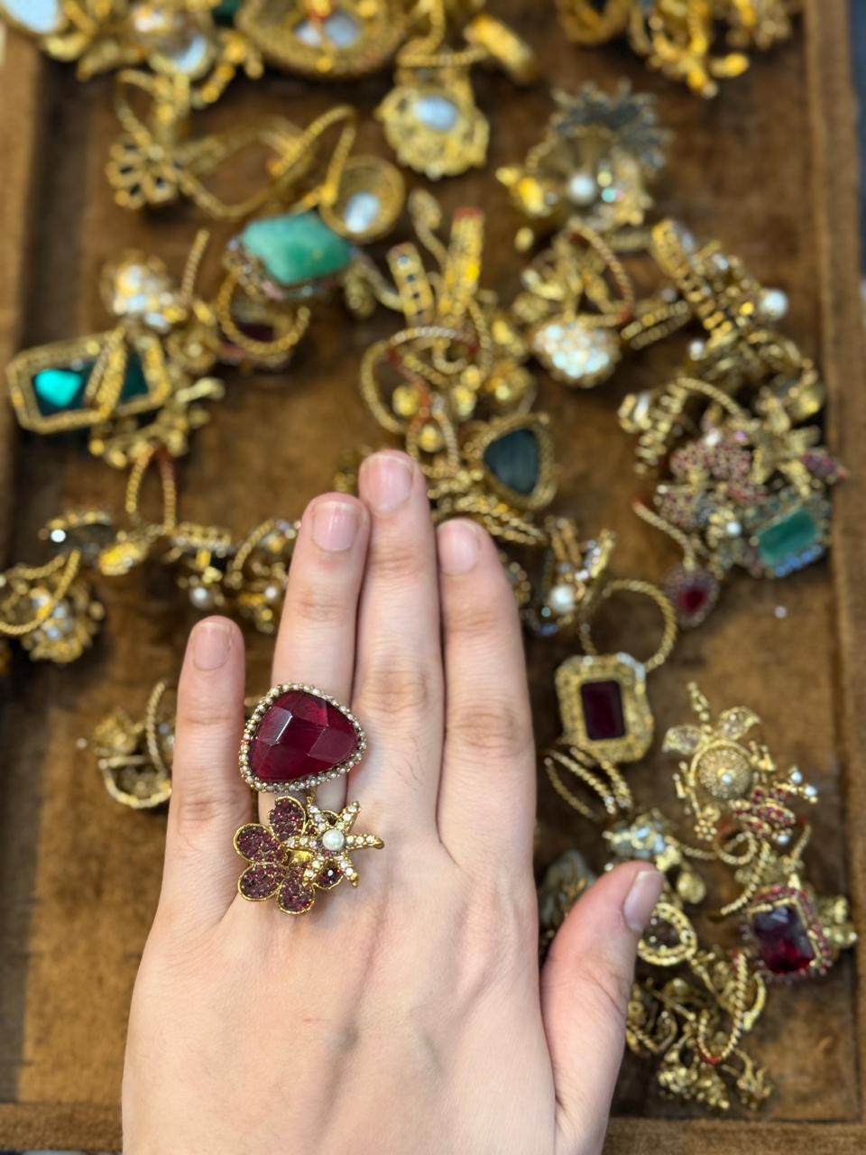 Turkish Ottoman Ring | Antique Gold Statement Ring with Semi-Precious Stone & Pearl Detail | New Arrival 19