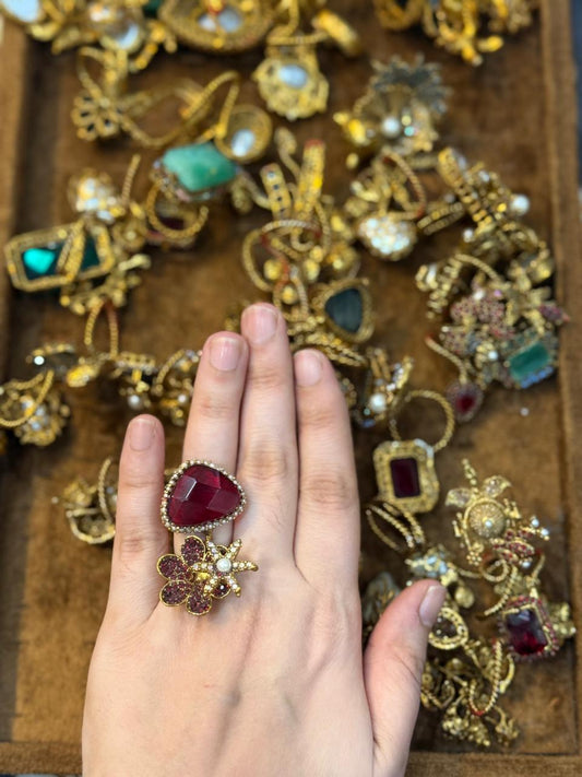 Turkish Ottoman Ring | Antique Gold Statement Ring with Semi-Precious Stone & Pearl Detail | New Arrival 19