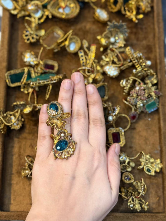 Turkish Ottoman Ring | Antique Gold Statement Ring with Semi-Precious Stone & Pearl Detail | New Arrival 21