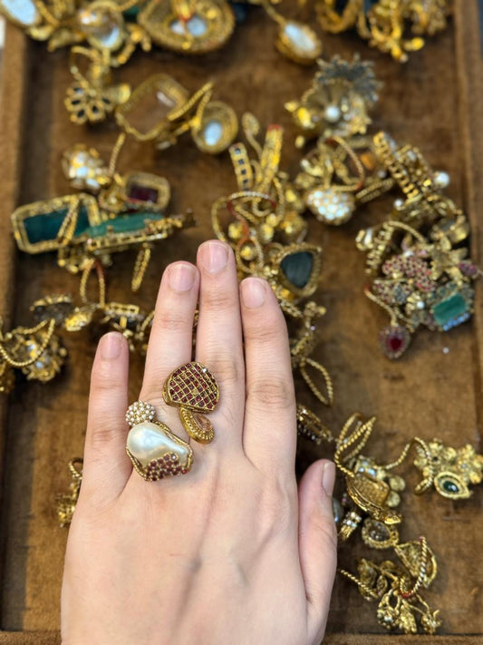 Turkish Ottoman Ring | Antique Gold Statement Ring with Semi-Precious Stone & Pearl Detail | New Arrival 22