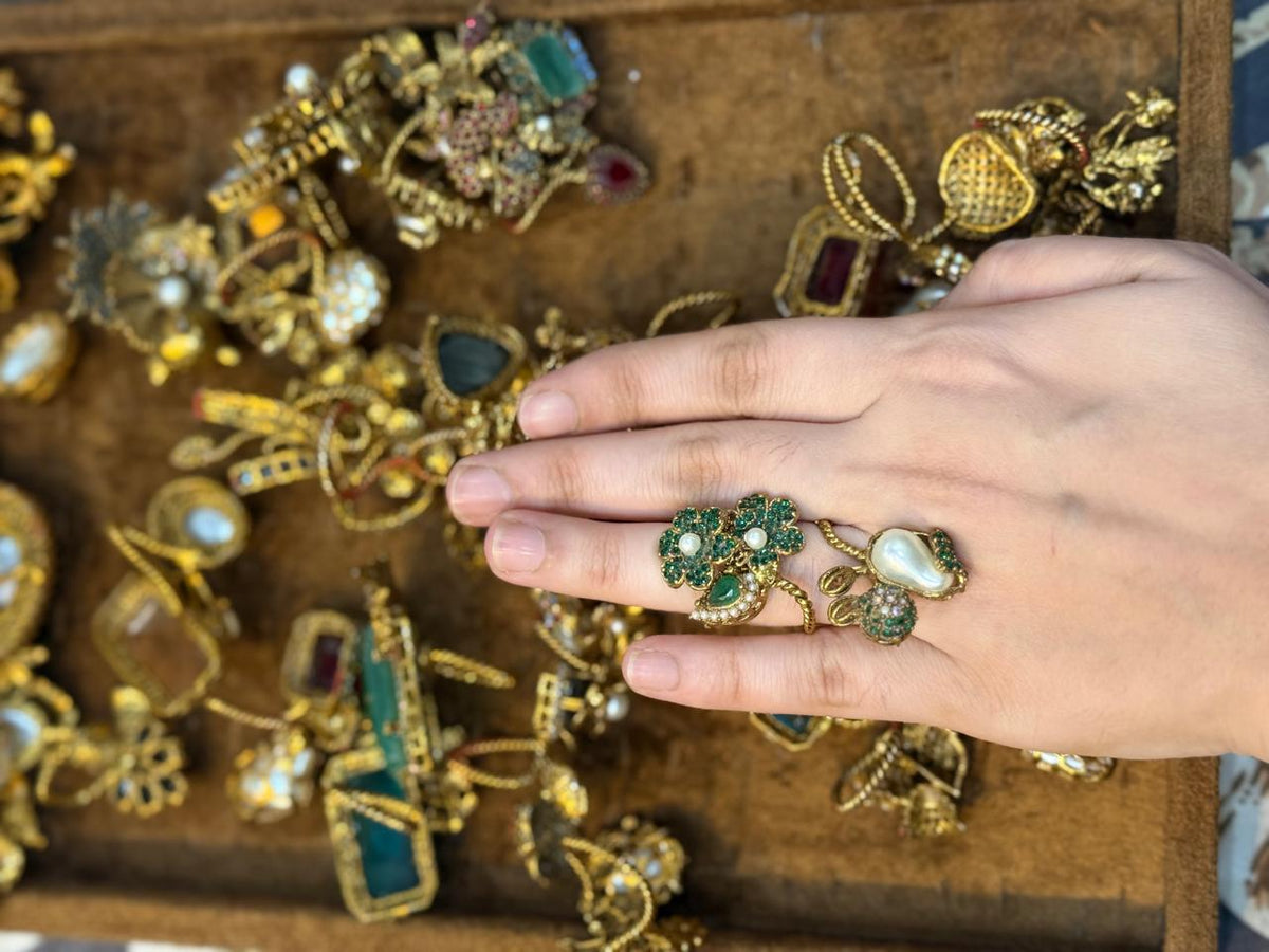 Turkish Ottoman Ring | Antique Gold Statement Ring with Semi-Precious Stone & Pearl Detail | New Arrival 23