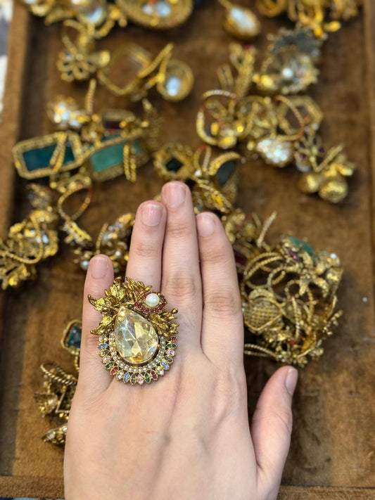 Turkish Ottoman Ring | Antique Gold Statement Ring with Semi-Precious Stone & Pearl Detail | New Arrival 24